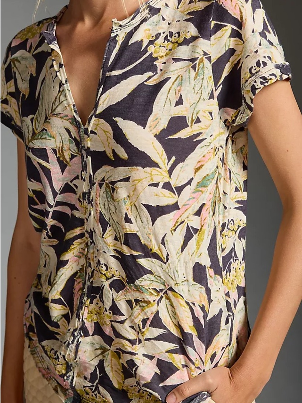 Anthropology Pilcro Navy Short Sleeve Tee with Pastel Leaf & Floral Print